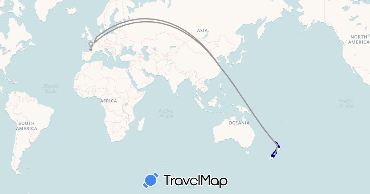 TravelMap itinerary: driving, plane, boat in China, France, Netherlands, New Zealand (Asia, Europe, Oceania)